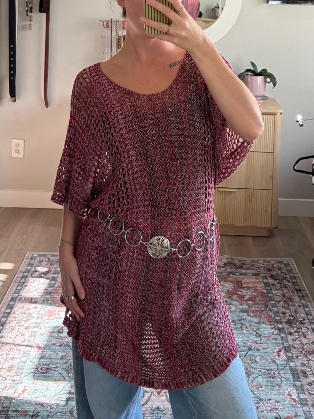 Catherines 3X Burgundy Marled Open Knit Crochet Tunic Sweater Top